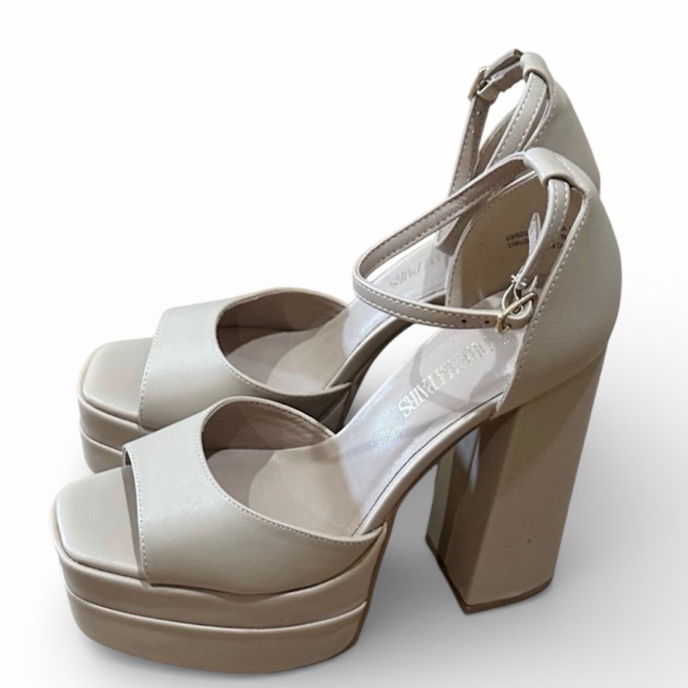 DREAM PAIRS tan Chunky Block Platform Ankle Strap Sexy Open Square Toe Heels